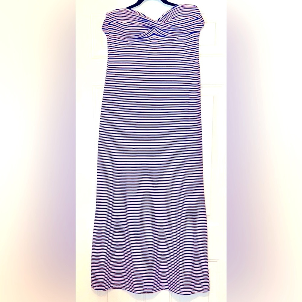 Tommy Bahama Strapless Maxi Dress M Striped Blue White Nautical Casual Resort
